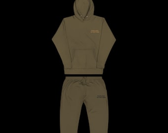 Military Green Olive Unisex Premium Hoodie and Unisex Fleece Sweatpants set, add your logo, image or text on the hoodie and sweatpants.
