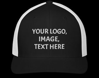 Black and White Closed-Back Trucker hat, add your logo, image or text on this hat.