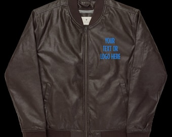 Brown men Faux Leather Bomber Jacket, add your Embroidery logo, image or text on this jacket.