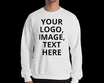 May include: White long-sleeved sweatshirt with the text "YOUR LOGO, IMAGE, TEXT HERE" printed in black on the front.