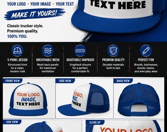 Royal Blue and White 5 Panel Trucker Hat, add your logo, image or text on this hat.