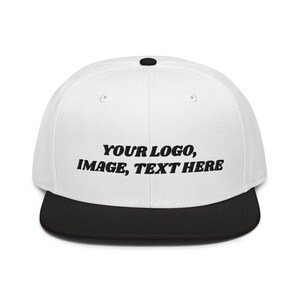 Black and White Snapback hat, add your logo, image or text on this hat.