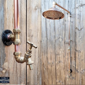 Single Feed Shower With Outside Hose Tap Faucet - Exposed Copper Pipe - Any Size Made - Swivel Head - Rustic / Vintage / Industrial