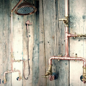 Copper Pipe Rainfall Shower With Hand Sprayer - Rustic / Vintage / Industrial - Exposed Copper Pipe Rain Shower - Indoor / Outdoor Use