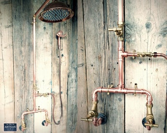 Copper Pipe Rainfall Shower With Hand Sprayer - Rustic / Vintage / Industrial - Exposed Copper Pipe Rain Shower - Indoor / Outdoor Use