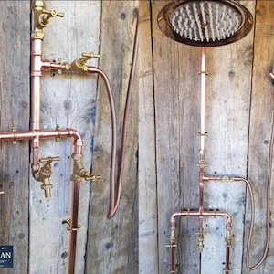 Copper Rainfall Shower With Hand Sprayer, Lower Tap And Down Pipes - Exposed Copper Pipe Rain Showers - Outdoor / Indoor Use