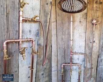 Copper Rainfall Shower With Hand Sprayer, Lower Tap And Down Pipes - Exposed Copper Pipe Rain Showers - Outdoor / Indoor Use