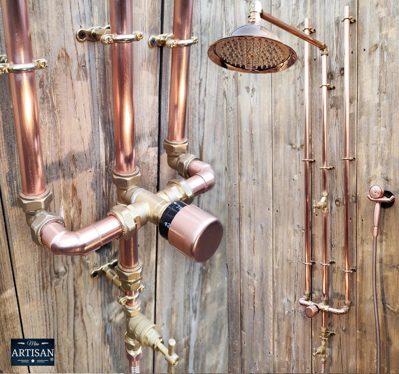 Curated visual reference: Picture Idea: Thermostatic Copper Shower With Ceiling Pipes And Hand Sprayer