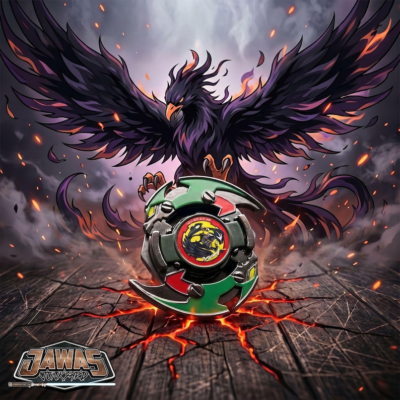K&ouml;nnte beinhalten: Ein gr&uuml;nes, metallisches Kreiselspielzeug mit einem zentralen runden Emblem, das einen gelben und schwarzen Vogel zeigt. Das Spielzeug hat scharfe, klingenartige Kanten und ist vor einer gro&szlig;en, dunklen, feurigen Vogelillustration mit dem Text JAWA'S JUNKYARD platziert.