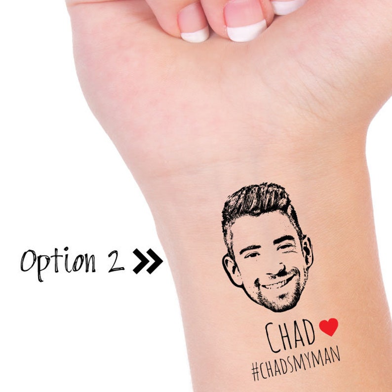 May include: A temporary tattoo with a black and white illustration of a man's face with the text "Chad" and a red heart. Below the text is the hashtag "#CHADSMYMAN".