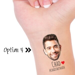 May include: A temporary tattoo featuring a man's face with the text "Chad" and a red heart, followed by the hashtag "#CHADSMYMAN".