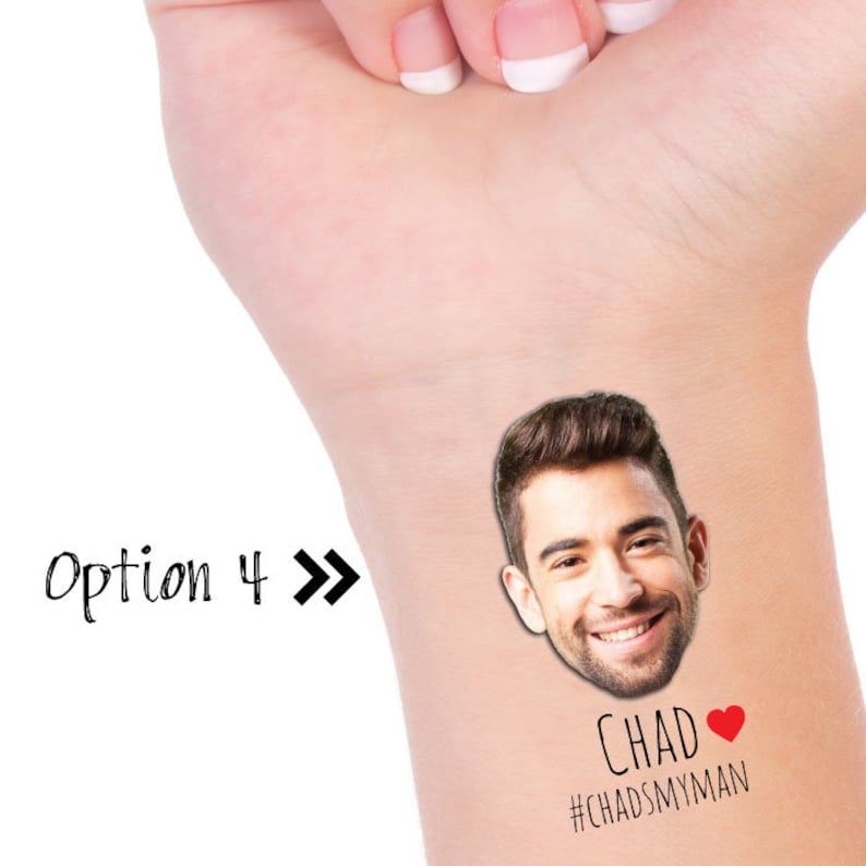 May include: A temporary tattoo featuring a man's face with the text "Chad" and a red heart, followed by the hashtag "#CHADSMYMAN".