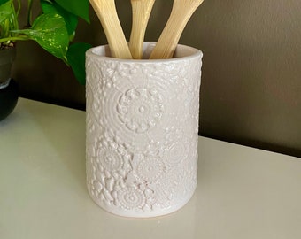 handmade ceramic lace imprinted kitchen utensil holder, off-white , cream ceramic utensil holder for kitchen