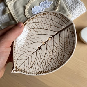 ceramic soap dish leaf shaped with holes, leaf print ceramic with drainage image 1