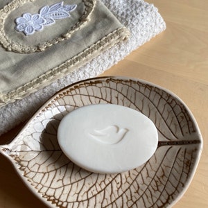 ceramic soap dish leaf shaped with holes, leaf print ceramic with drainage image 6