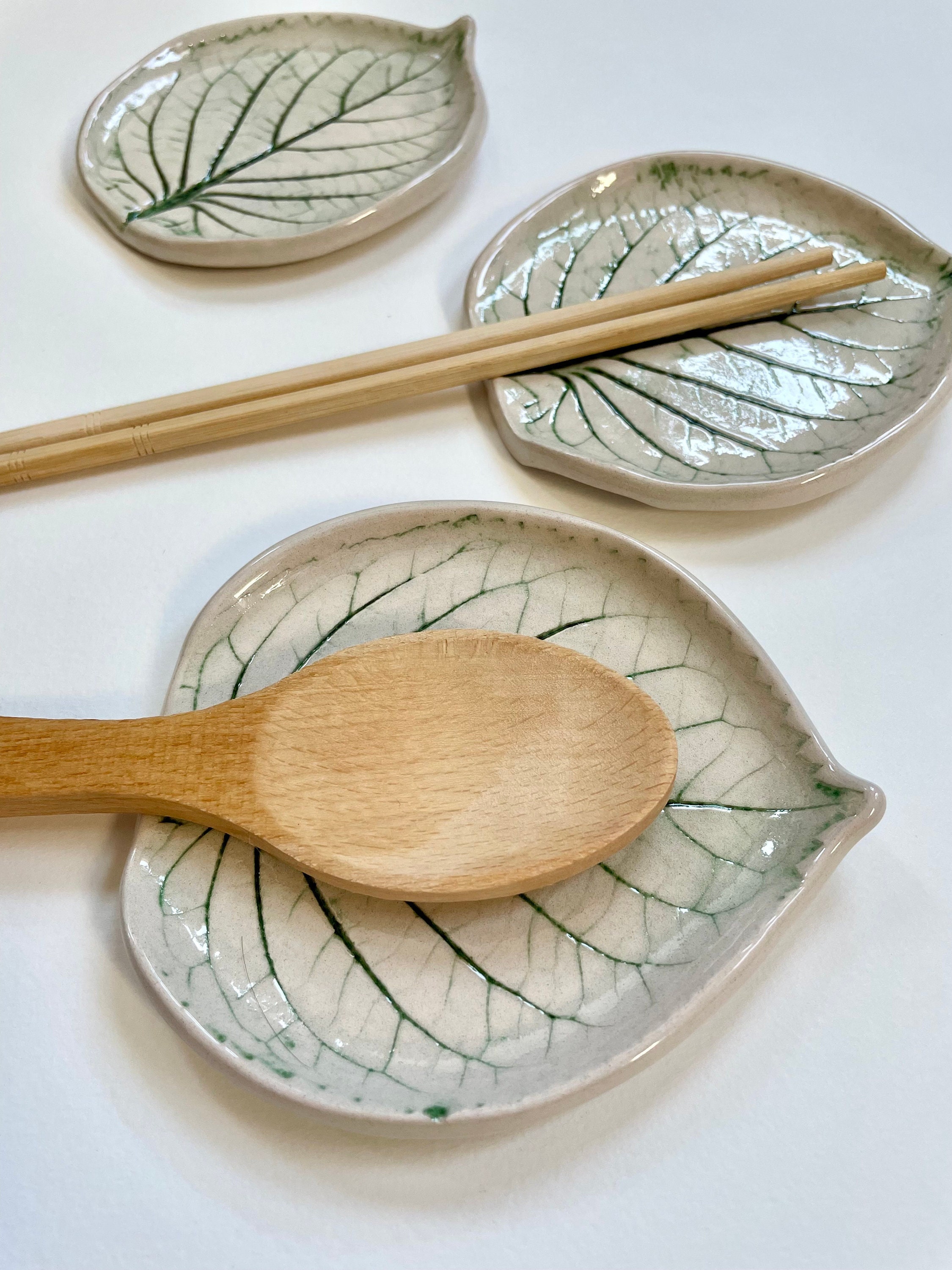 ceramic spoon holder, hand made leaf shaped ceramic spoon holder, ceramic spoon rest