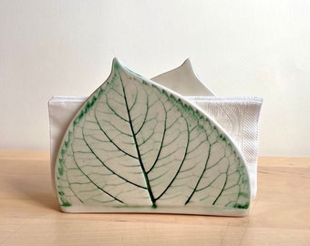 leaf imprinted ceramic napkin holder for table