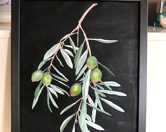 Watercolor  painting olive branch 30 cm x 42 cm  wall hanging, original decorative mediterranean olive tree painting