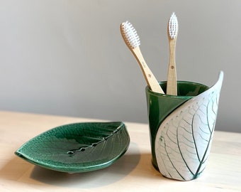 Handmade Ceramic Leaf Soap Dish and Toothbrush Holder Set