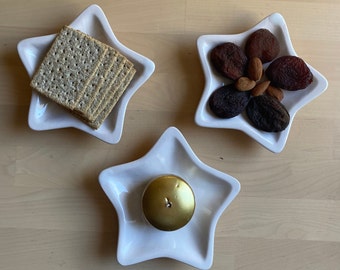 Handmade star shaped white ceramic snack dishes sold in sets of three,  candle holder, tea light candle dish, food safe ceramic snack set