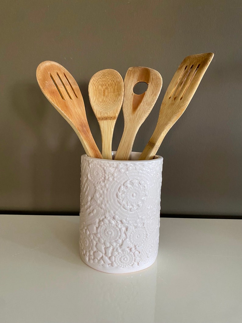 Handmade Ceramic Lace Imprinted Kitchen Utensil Holder Etsy Australia