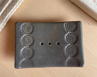 Handmade Stoneware Soap Dish: Blue-Gray Glazed Ceramic with Leaf Print