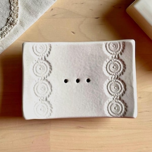 rectangular ceramic soap dish lace imprinted with holes, lace print ceramic soap dish, stoneware, cream colored soap dish