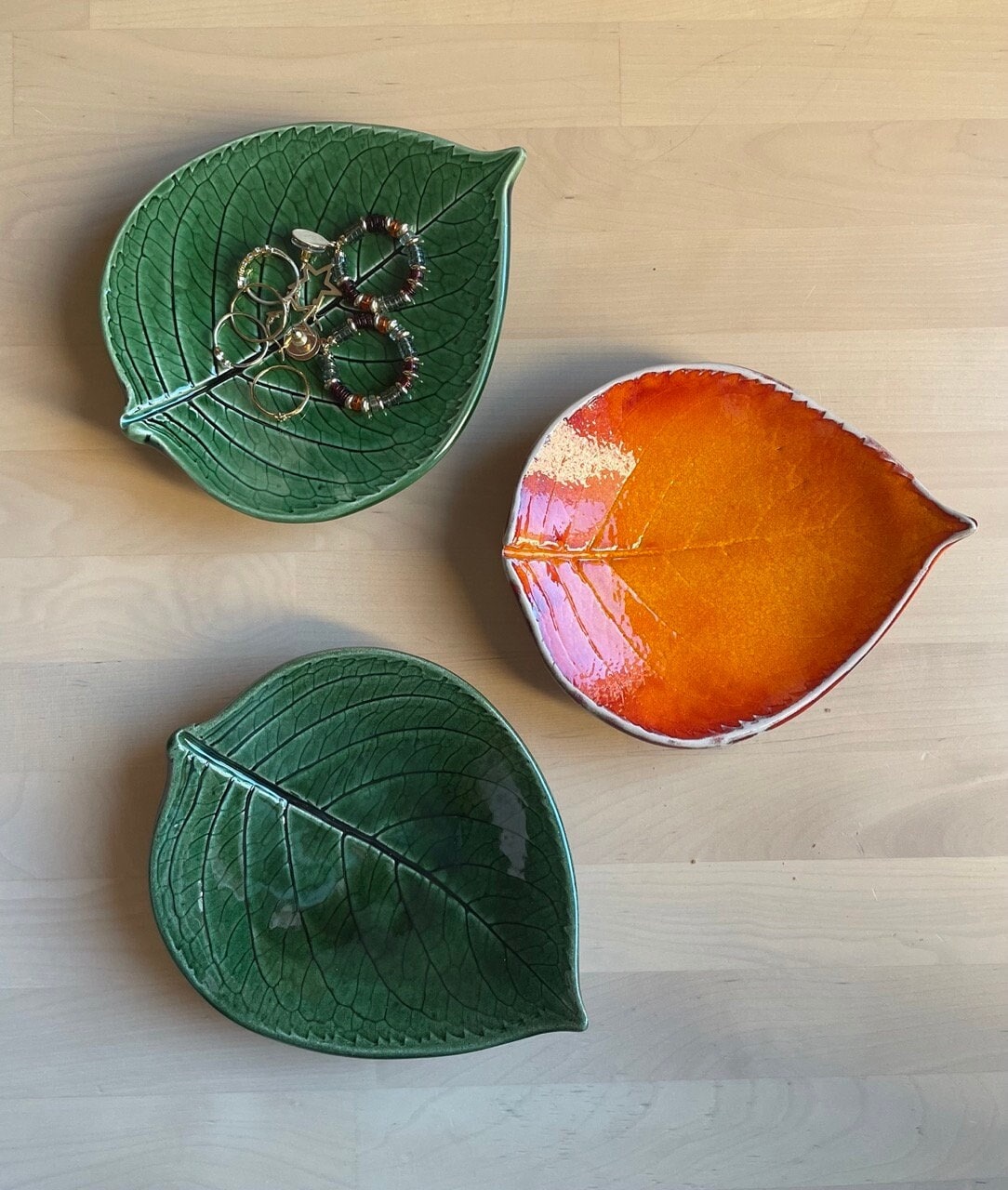 Handmade ceramic leaf shape jewelry dish