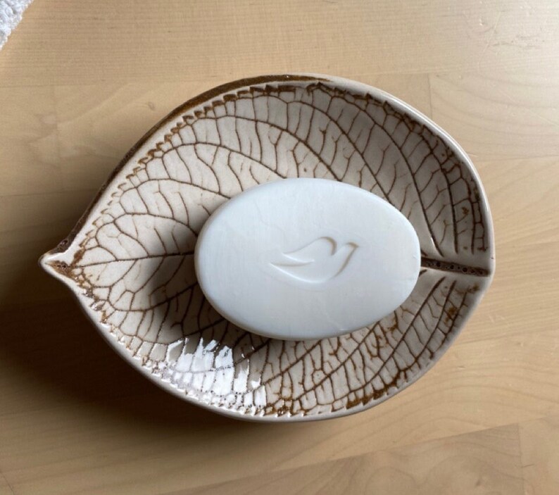 ceramic soap dish leaf shaped with holes, leaf print ceramic with drainage image 9