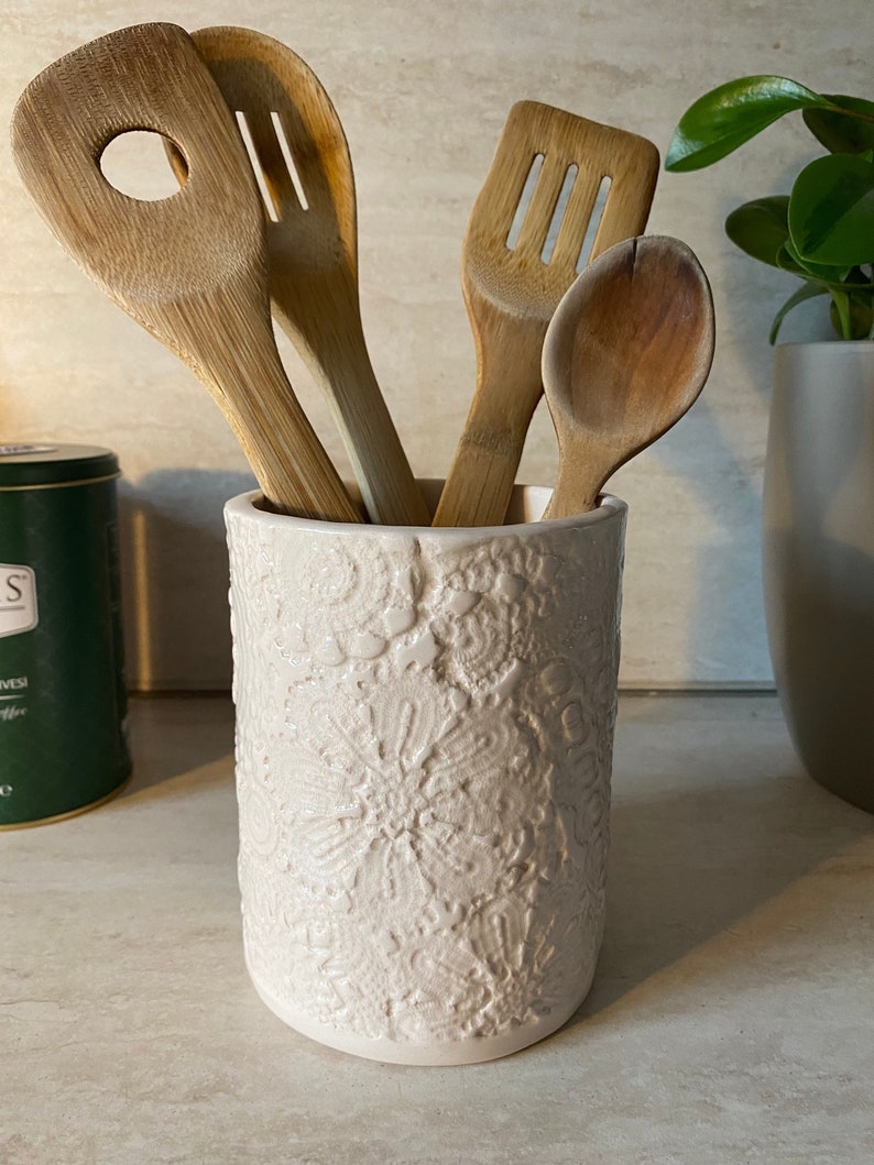 Handmade Ceramic Lace Imprinted Kitchen Utensil Holder Etsy Australia