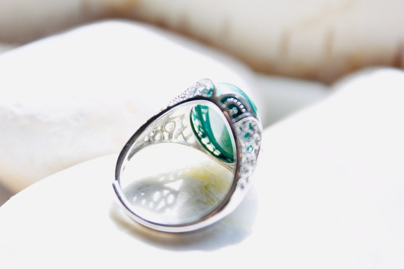 Natural Malachite White Gold Plated Adjustable Ring White Gold Plated Adjustable Ring With Malachite Oval Cabochon 12x16mm