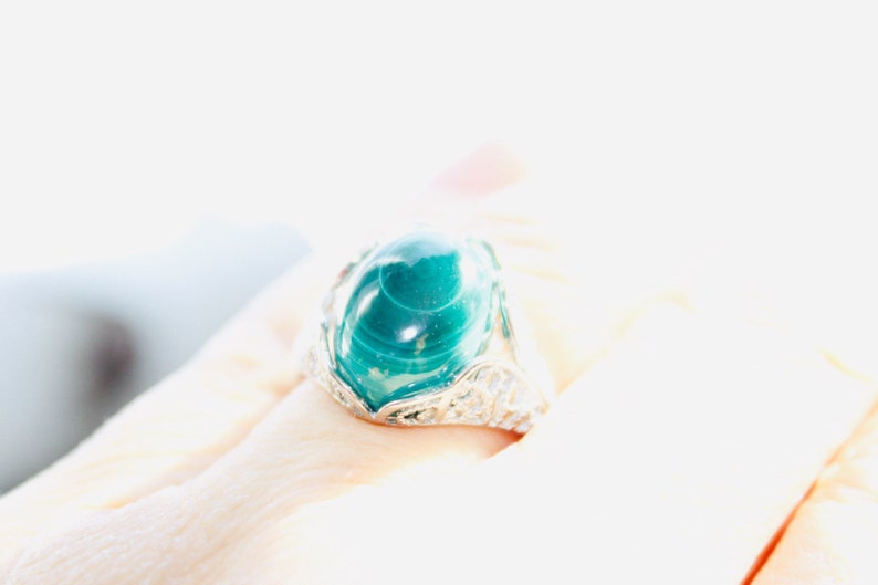 Natural Malachite White Gold Plated Adjustable Ring White Gold Plated Adjustable Ring With Malachite Oval Cabochon 12x16mm