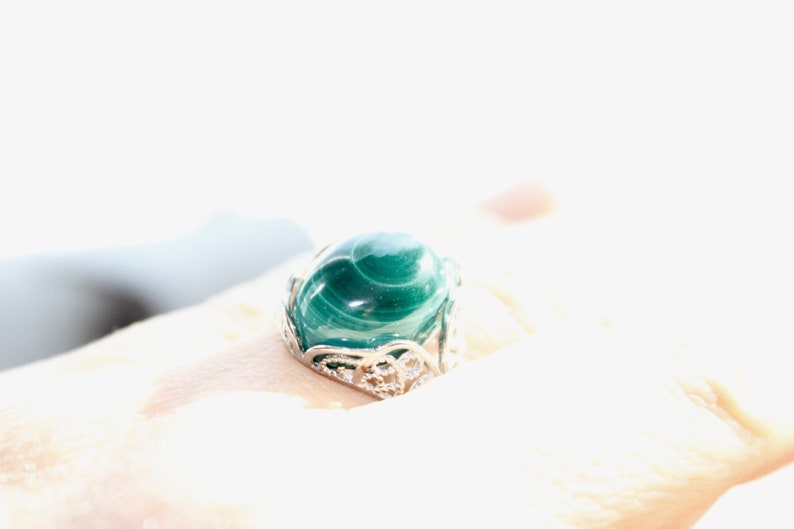 Natural Malachite White Gold Plated Adjustable Ring White Gold Plated Adjustable Ring With Malachite Oval Cabochon 12x16mm