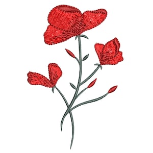 Op de afbeelding: Rode geborduurde bloemen met groene stelen op een witte achtergrond.