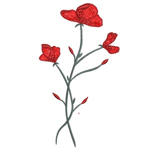 May include: A simple embroidery design featuring a red flower with three blooms and green stems.
