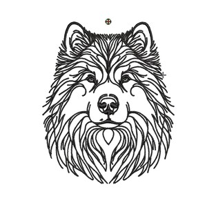 May include: Line art illustration of a dog's face. The dog has a fluffy, furry appearance with a long snout and large, expressive eyes.