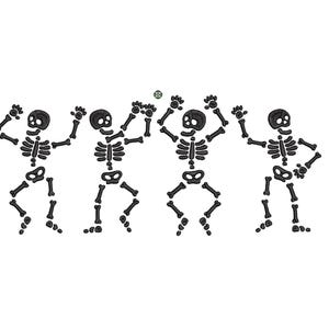 May include: Four black skeleton figures dancing in a line. The skeletons are made of simple shapes and are in a playful pose.