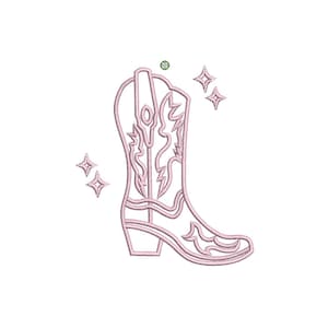 May include: A line drawing of a pink cowboy boot with a decorative design on the shaft. The boot is surrounded by small stars.