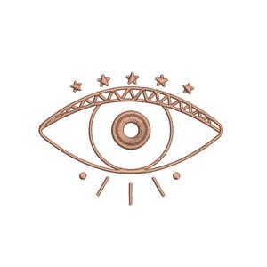 May include: A stylized eye with a brown outline and five stars above it. The eye has a smaller circle inside it, also with a brown outline.