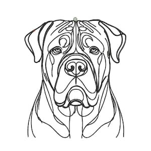 May include: Line art illustration of a dog's head. The dog has a short, square muzzle and floppy ears. The illustration is in black and white.