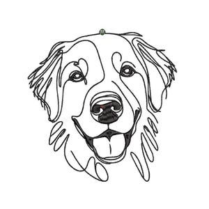 以下が含まれることがあります： 幸せそうな表情をしたゴールデンレトリバーの犬の線画イラスト。犬の頭と首は1本の連続した線で描かれています。