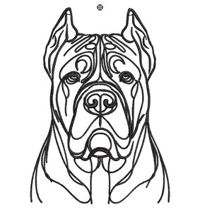 Può includere: Illustrazione di linea d'arte di una testa di cane Cane Corso. Il cane guarda dritto davanti a sé con la bocca chiusa. L'illustrazione è in bianco e nero.