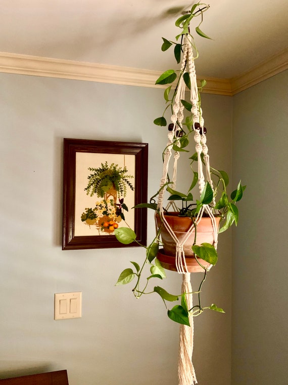 natural macrame plant hangers with wood beads