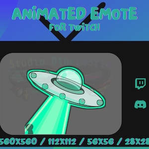 May include: Animated Twitch emote featuring a green and white UFO with a beam of light shining down. The emote is displayed on a black television screen with the text "560x560 / 112x112 / 56x56 / 28x28" at the bottom.
