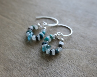 blue apatite, chrysocolla, white moonstone sterling silver drop earrings