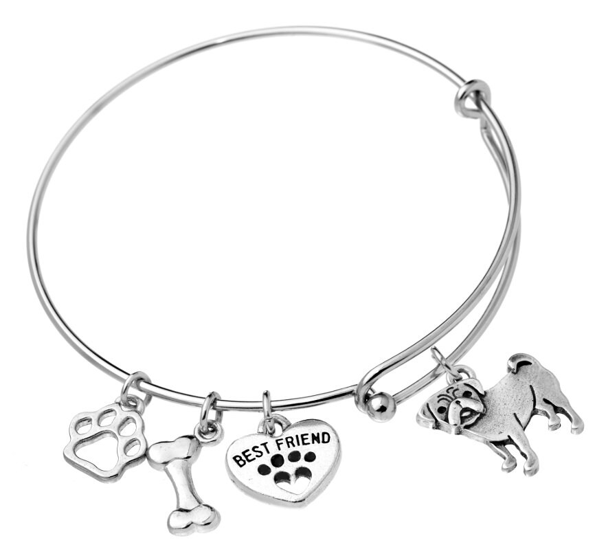 Pug Charm Bracelet Stainless Steel Pug Bangle Pug Jewelry Etsy