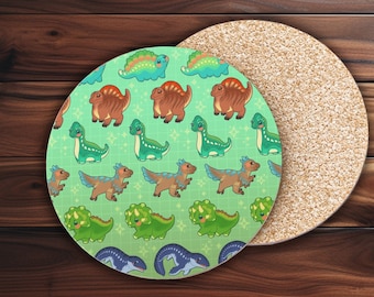 Cute Dinosaur Coasters • Drinkware, Home decor, Spoon rest, Candle plate, Waterproof, Coffee Coaster, Tea Accessories, Kawaii Cork Mat