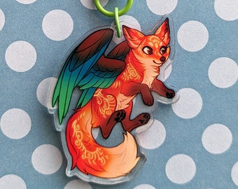 Magical Fox Kitsune Keychain 2" • Acrylic Red Fox with Wings Charm, Whimsical Keyring Decor, Unique Gift for Fantasy Lovers