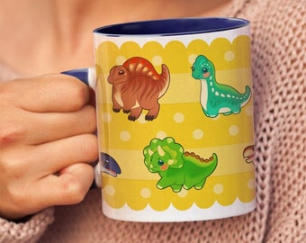 Cute Dinosaur Mug • Two-Tone 15oz Coffee, Tea, Cocoa Cup | Brachiosaurus, Spinosaurus, Triceratops, Velociraptor, Stegosaurus, Mosasaurus