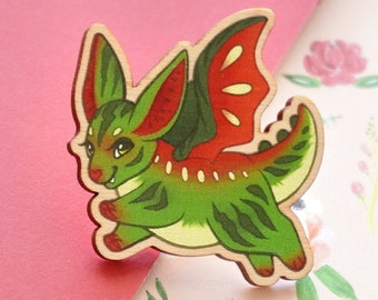 Watermelon Dragon • Cute Dragon Pins / Magnets, Wood Lapel Pin, Wooden Badge, Bag Accessory, Dragon Gift Idea, Cute Baby Dragon